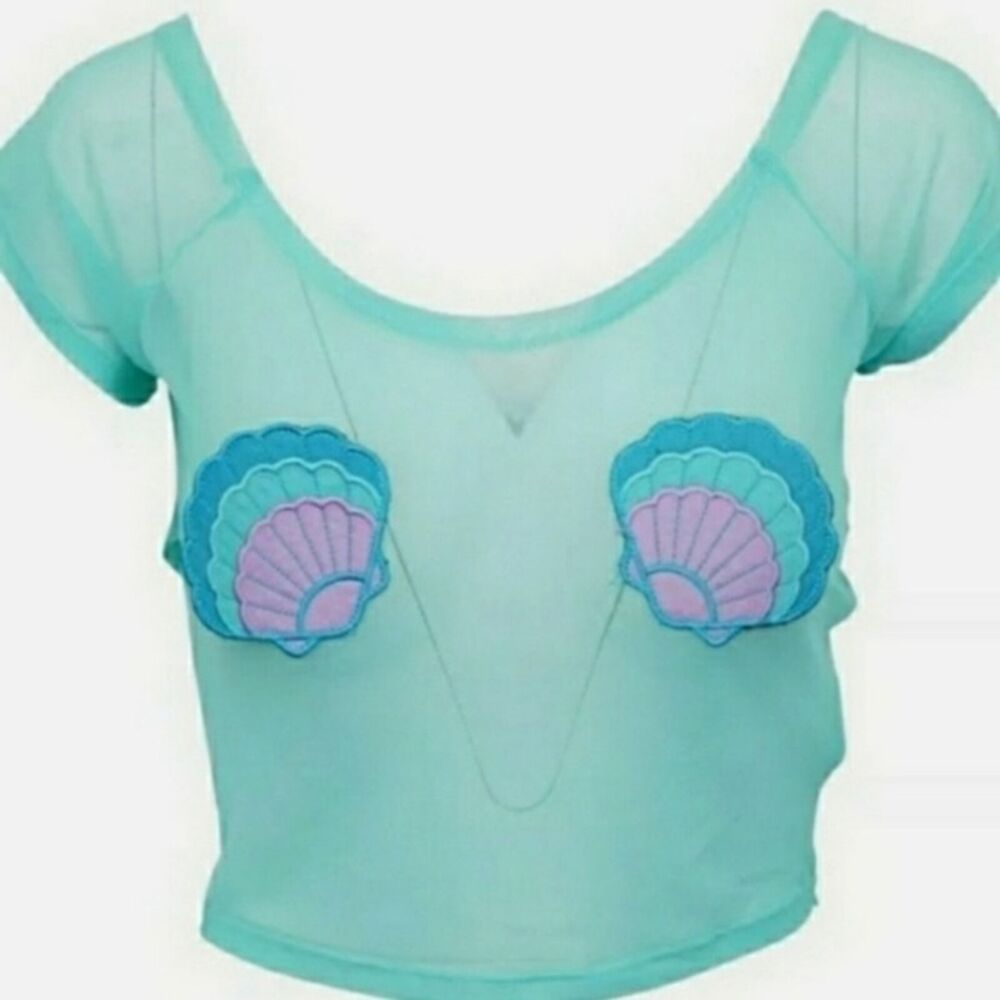 Iron Fist Mermaid For Life Blue Seashell Mesh Crop Top size Large